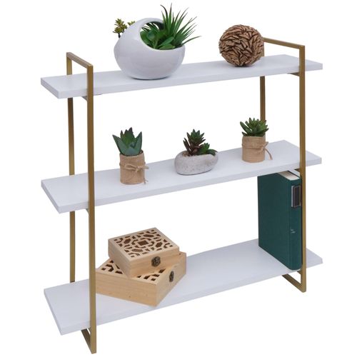 Étagère Murale Hwc-K78, Étagère Suspendue, 3 Étagères Bois Massif Industriel 60x60x18cm   Blanc, Métal Doré