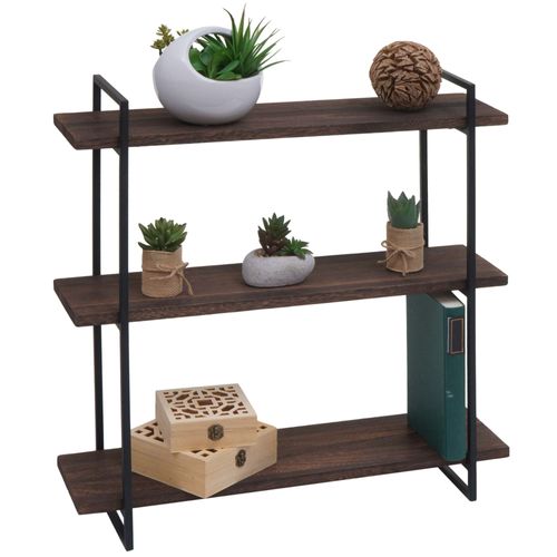 Etagère Murale Hwc-K78, Étagère Suspendue Schweberegal, 3 Étagères En Bois Massif Industrial 60x60x18cm   Brun Foncé, Métal Noir