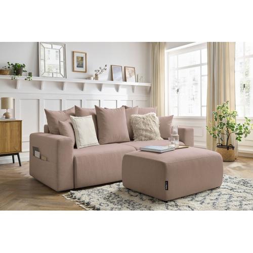 Canapé Droit Convertible Coffre Envy Tissu Chiné Avec Pouf Rose