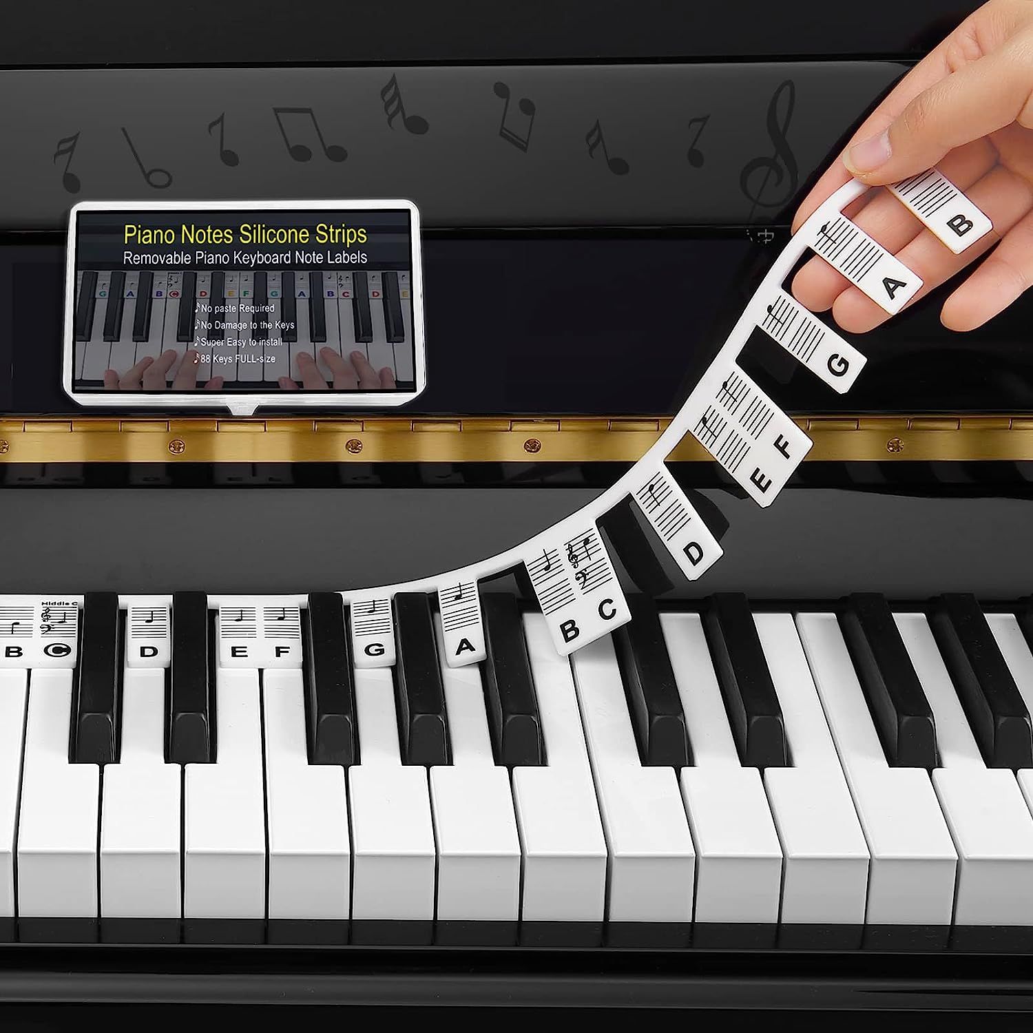 Étiquette de note de clavier de piano détachable, guide de note de piano à  88 touches et guide de touches de piano, (noir)