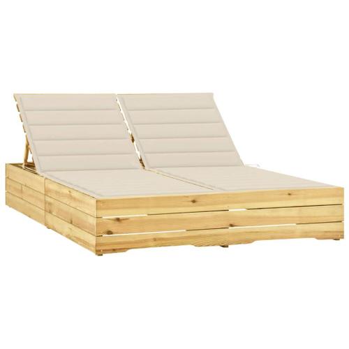 Transat Chaise Longue Bain De Soleil Lit De Jardin Terrasse Meuble D'extérieur 198 X 135 X (30-75) Cm Double Et Coussins Crème Bois De Pin Imprégné Helloshop26 02_0012753