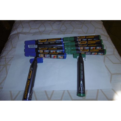 Marqueurs Permanents Pointe Ogive Bleu Et Vert Bic 2000 Lot De 10