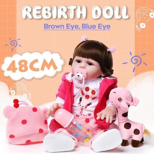 Poupée Reborn Silicone - 48cm - Poupon Réaliste Nouveau-Né - Cheveux Bouclés - Yeux Marrons