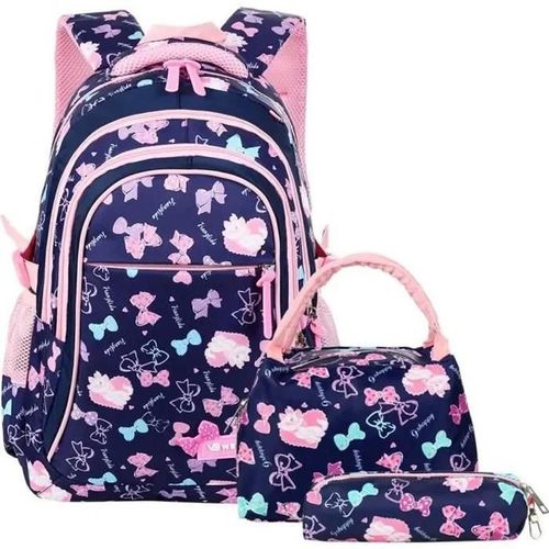 Cartable Fille Primaire 3 en 1 Sac à Dos Enfant Scolaire en Nylon Imperméable (Bleu foncé)