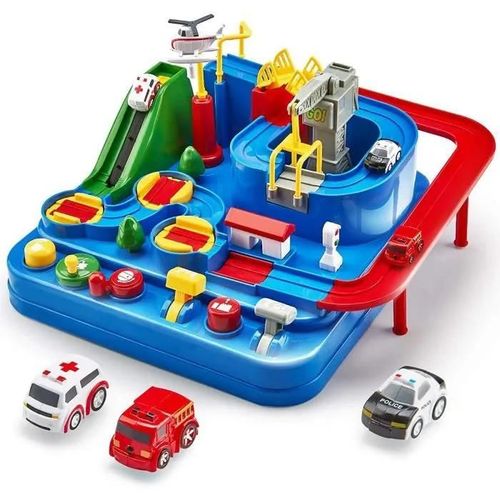 Piste de Voiture Jouet Enfant 2-12 ans, City Rescue Car Piste Aventure de Voiture Jouet avec Hélicoptère, Bus