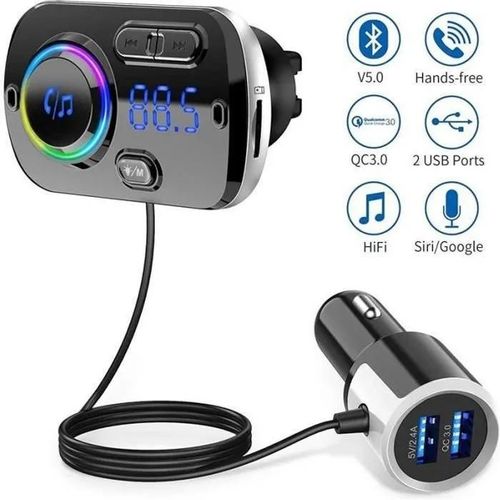 Transmetteur FM Bluetooth 5.0 Adaptateur Radio sans Fil Kit de Voiture Mains Libres, QC3.0 et Lumière Colorée