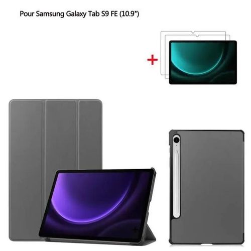 Tablette Coque Pour Samsung Galaxy Tab S9 Fe 10.9\ Gris Housse Pu Cuir Avec Film De Protection D\Écran Film Trempé 2 Pack