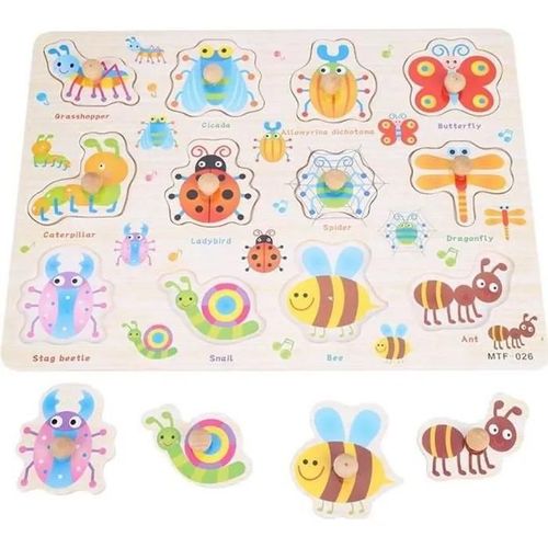 Drfeify jeu éducatif Bébé Jouets Montessori Puzzle En Bois Main Grab Board Set Jouet ducatif Dessin Animé Cadeau (Insecte)