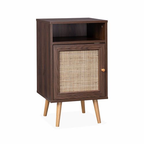 Table De Chevet En Cannage - Bohème - 40x39x65.8cm. Couleur Noyer - 2 Niveaux - 1 Porte - 1 Espace De Rangement - Pieds Scandinaves