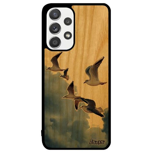 Coque En Bois A33 Silicone Oiseaux Mouettes Personnalisé Nature Caoutchouc Ciel De Protection Motif Marin Nuage Beige Samsung Galaxy
