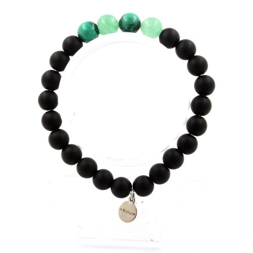 Bracelet Perles Malachite Du Congo + Aventurine + Onyx Noir Mat 8 Mm. Fabriqué En France.