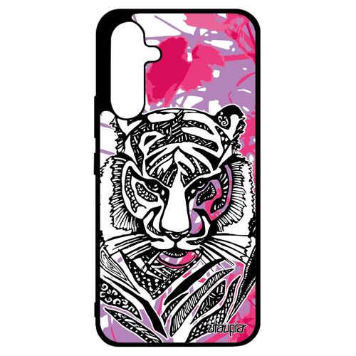 Coque Samsung Galaxy A34 Silicone Tigre Azteque Bengal Rose Mobile Etui Fille Nature Jungle Animal Housse Telephone Feuilles Tribal