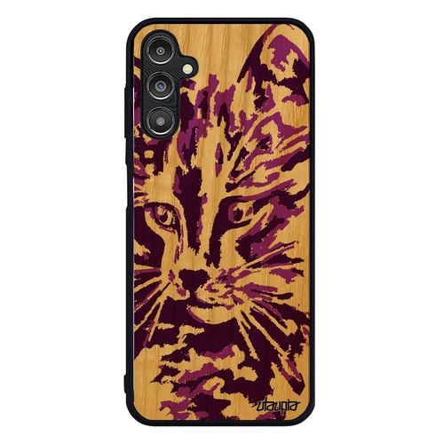 Coque Samsung Galaxy A14 4g 5g En Bois Et Silicone Chat Smartphone De Protection Sm-A145f Fille Pas Cher Petit Couleur Case Rose Art