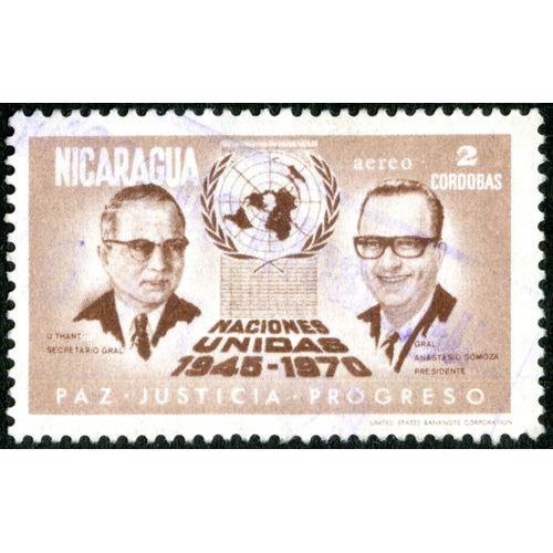 Timbre Oblitéré Nicaragua, Naciones Unidas 1945-1970, Paz, Justicia, Progreso, Aereo, 2 Cordobas