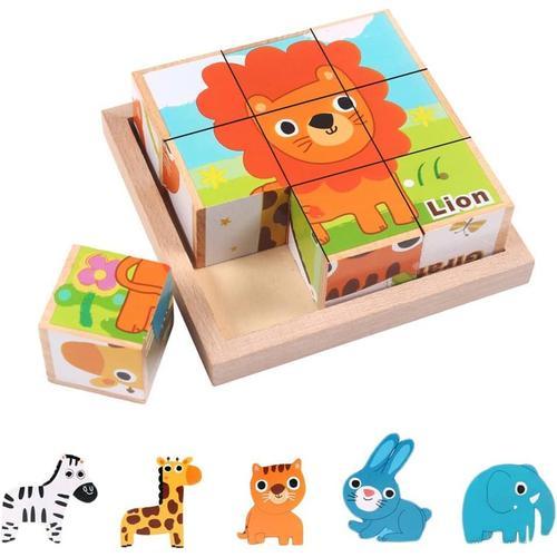 Puzzles en Bois pour Enfant, 6 en 1 Puzzle Animaux 3D Cube Bloc de
