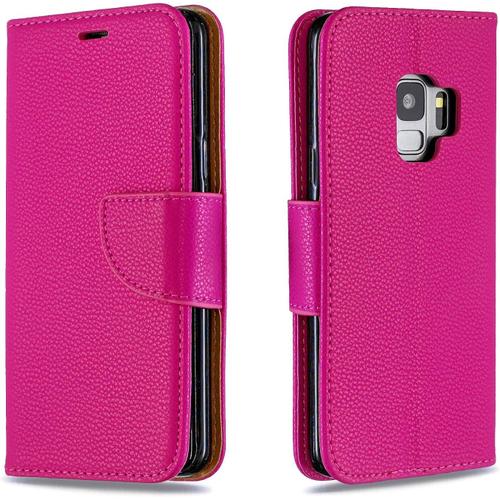 Coque Galaxy S9, Élégant Étui En Pu Cuir Avec Fonction Support Pour Samsung Galaxy S9, Premium Magnétique Portefeuille Coque, Rose Rouge