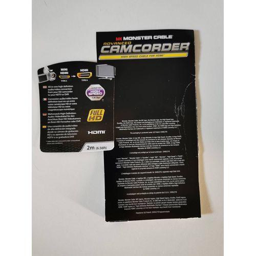 Câble vidéo MONSTER Mini HDMI (type C) / HDMI (type A) - 24k gold contact connectors - 2 m - Utilisé avec le plus grand soin - Qualité MONSTER -