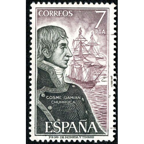 Timbre Oblitéré Espana, Cosme Damian Churruca, Correos, 7 Pta