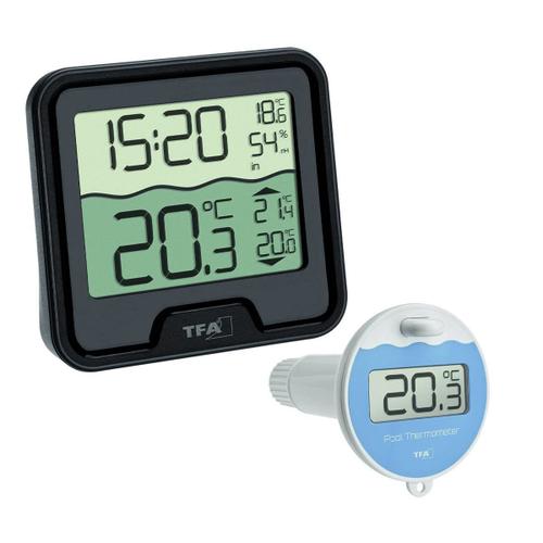Thermomètre et hygromètre d'ambiance numériques avec capteur sans fil pour piscine MARBELLA, noir, TFA 30.3066.01