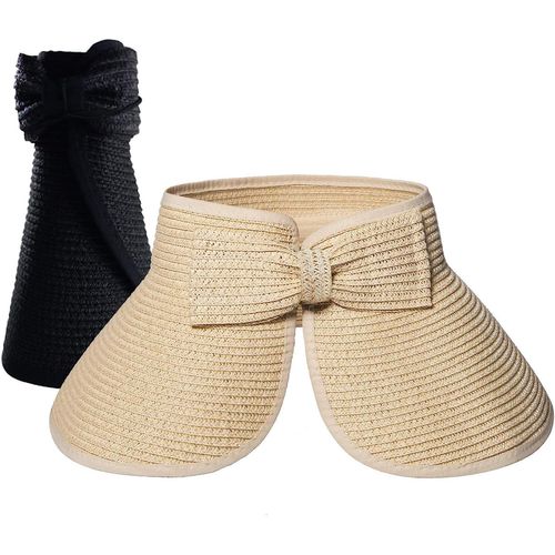 2x (Beige&noir)Chapeau De Paille Plage Soleil Pour Femme Avec Large Brim Visière Bord Capeline Tresse Été Pliable Respirant Anti-Uv