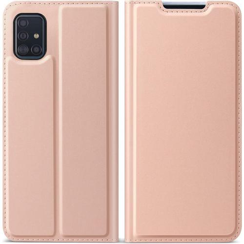 Coque Pour Galaxy A51, Étui À Rabat Pour Samsung Galaxy A51, Antichoc Magnétique Housse En Pu Cover Étui Avec Slots De Carte, Or Rose