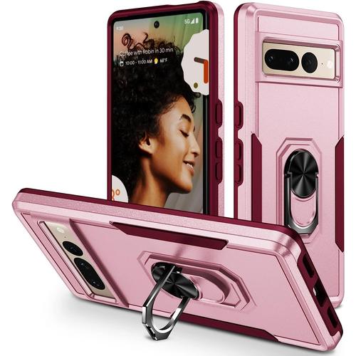 Compatible Avec Coque Google Pixel 7 Pro Google Pixel 7 Pro Case Antichoc Etui Silicone Pc Magnétique Support Anneau Accessoire Militaire Protection Rose.