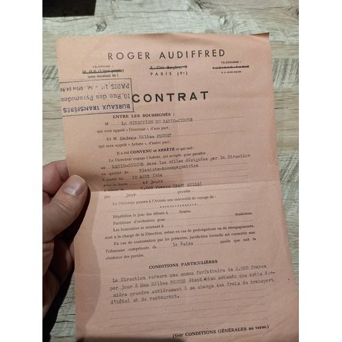 Ancien Contrat D Artiste Radio Circus 1954