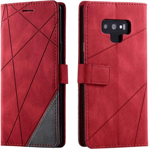 Coque Pour Samsung Galaxy Note 9, Rabat Portefeuille De Protection Cuir Pu Etui, Slim Silicone Tpu Bumper Magnétique Housse, Flip Porte Cartes Avec Fonction Support Cover Antichoc Case Rouge