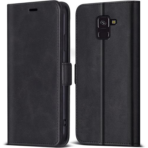 Coque Pour Samsung Galaxy A8 2018, Protection Housse En Cuir Pu Portefeuille Avec Emplacements Cartes Fonction Support , Clapet Folio Etui Pour Samsung Galaxy A8 2018 Noir