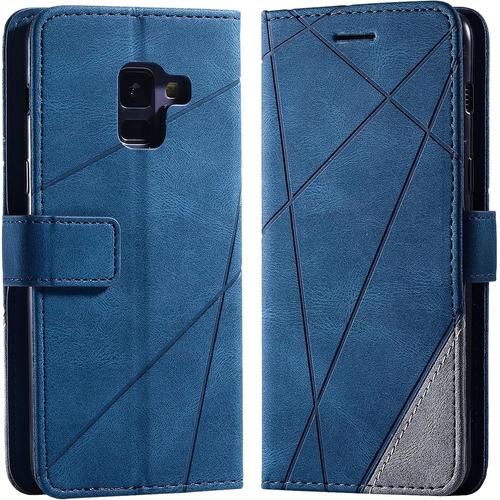 Coque Pour Samsung Galaxy A8 2018, Rabat Portefeuille De Protection Cuir Pu Etui, Slim Silicone Tpu Bumper Magnétique Housse, Flip Porte Cartes Avec Fonction Support Cover Antichoc Case Bleu