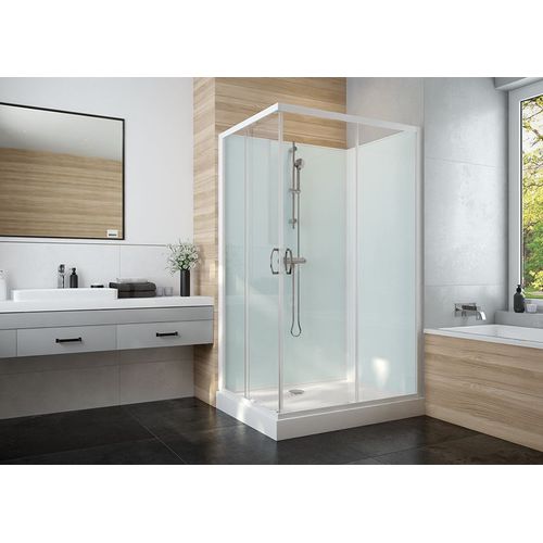 Cabine de douche 800x800 mm porte coulissante angle verre transparent fond vert amande IZI GLASS 2 Leda