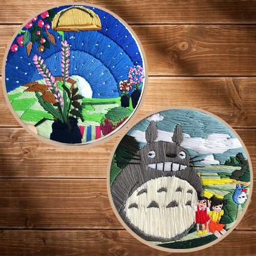 ?2 Packs?Fils A Broder Kit, Diy Broderie Débutant Outil, Hayao Miyazaki - Mon Voisin Totoro (Cadre De Broderie Suspendu Gratuit) - Environ 15cm