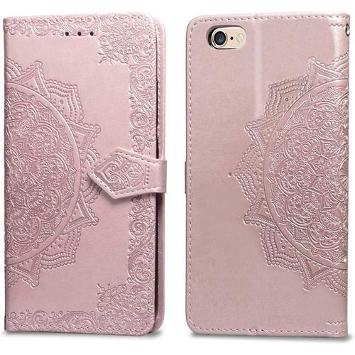 Compatible Avec Coque Iphone 6s Plus/Iphone 6 Plus Cuir Rabat Motif Mandala Silicone Antichoc Etui Iphone 6s Plus Portefeuille Support Housse Fine Leather Case Pour Filles Femmes-Or Rose