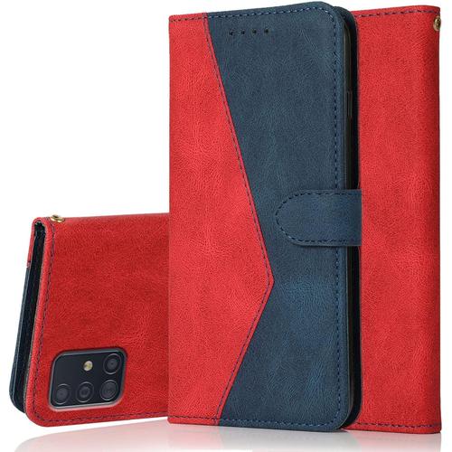 Coque Pour Samsung Galaxy A51 4g, Housse Étui En Pu Cuir Portefeuille Antichoc Étui À Rabat Clapet Protection Magnétique Flip Cover Wallet Case Avec Carte Fentes, Fonction Stand Rouge Bleu