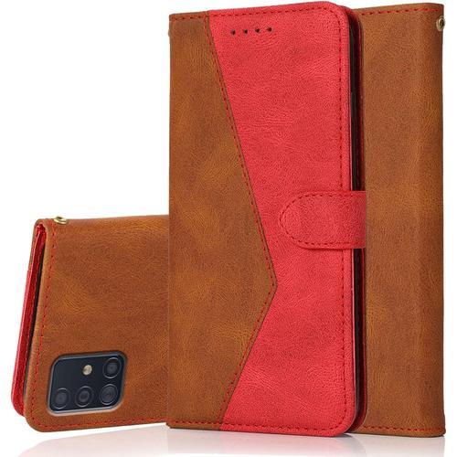 Coque Pour Samsung Galaxy A51 4g, Housse Étui En Pu Cuir Portefeuille Antichoc Étui À Rabat Clapet Protection Magnétique Flip Cover Wallet Case Avec Carte Fentes, Fonction Stand Brun Rougeatre