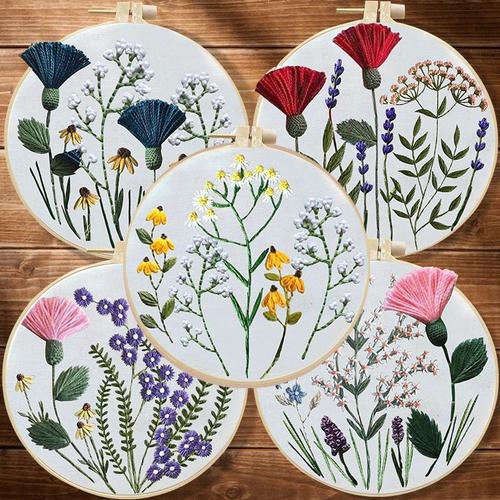 ?2 Packs?Fils A Broder Kit, Diy Broderie Débutant Outil, Chants D'oiseaux Et Chute De Fleurs (Tissu 30cm Non Fini) - Civiere De Broderie Anti-Bambou 20cm Offerte