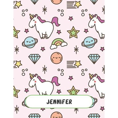 Jennifer: Unicorn Notebook Personal Name Wide Lined Rule Paper | Notebook Pink & Gold Stars Confetti Glitter For Writing Journal Or Diary Women & ... Day 160 Pages Size 8.5x11inch | Matte Finish