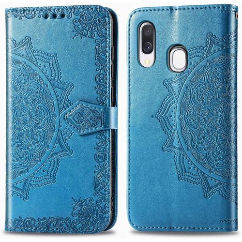 Compatible Avec Coque Samsung Galaxy A40 2019 Cuir Rabat Motif Mandala Silicone Antichoc Etui Samsung A40 Portefeuille Support Housse Fine Leather Case Protection Pour Filles Femmes Bleu