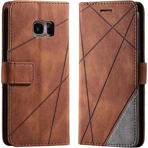 Coque Pour Samsung Galaxy S7, Rabat Portefeuille De Protection Cuir Pu Etui, Slim Silicone Tpu Bumper Magnétique Housse, Flip Porte Cartes Avec Fonction Support Cover Antichoc Case Brun