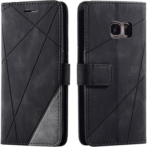 Coque Pour Samsung Galaxy S7, Rabat Portefeuille De Protection Cuir Pu Etui, Slim Silicone Tpu Bumper Magnétique Housse, Flip Porte Cartes Avec Fonction Support Cover Antichoc Case Le Noir