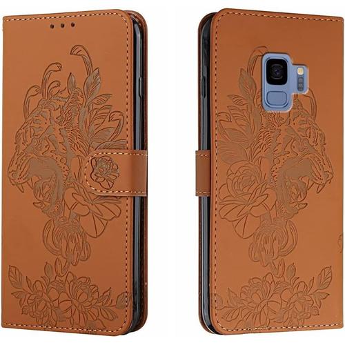 Coque Pour Samsung Galaxy S9 Magnétique Etui Avec Fente Pour Carte Et Fonction De Support Portefeuille Protection Housse Samsung Galaxy S9 Brun