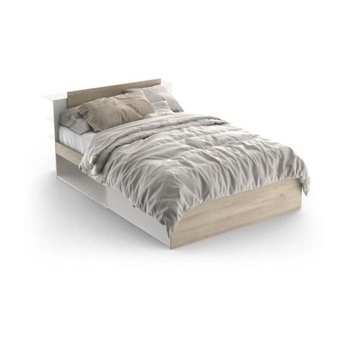 Lit Adulte Life 2 Personnes - 140x190/200 - Rangements - Décor Chene Et Blanc - Demeyere - Fabriqué En France