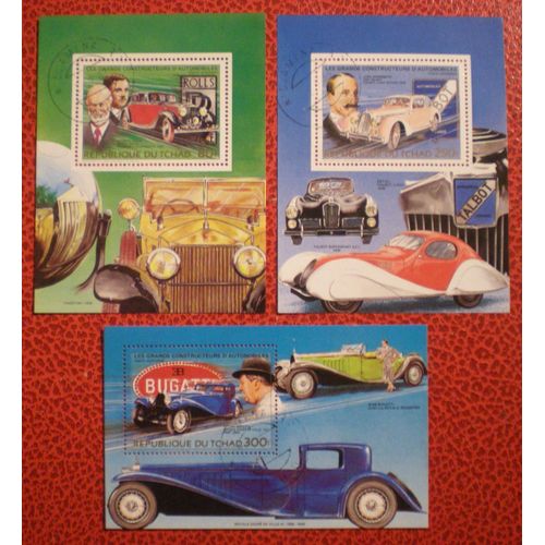 Grands Constructeurs D'automobiles - Portraits Et Voitures - Rolls, Talbot Et Bugatti - Lot De 3 Bloc Feuillets Oblitérés - République Du Tchad - Année 1983