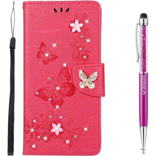 Coque Pour Iphone 12 Mini (5,4 Pouces), Brillant Cristal Diamant Flip Cover Papillon ¿¿Tui De Protection Housse En Pu Cuir [Fente De Carte] [Fermeture Magn¿¿Tique] (Rose, 2)