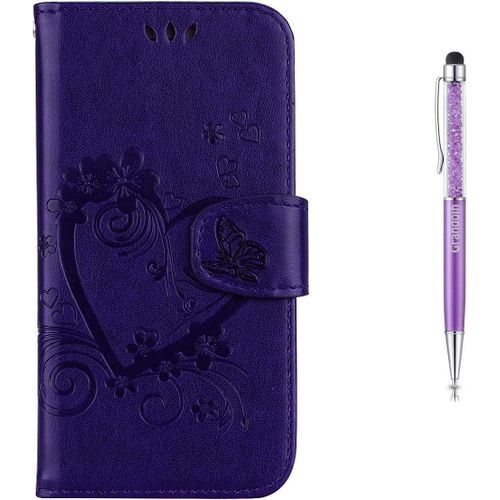 Coque Huawei Y5 2018/Y5 Prime/Honor 7s, ¿¿Tui De Protection Housse En Pu Cuir Avec C?Ur D'amour Imprim¿¿ Cover ¿¿Tui ¿¿ Rabat Bookstyle Cover Pour Huawei Y5 2018/Y5 Prime 2018/Honor 7s (Violet)