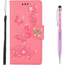 Coque Pour Iphone 13 Mini (5,4 Pouces), Brillant Cristal Diamant Flip Cover Papillon ¿¿Tui De Protection Housse En Pu Cuir [Fente De Carte] [Fermeture Magn¿¿Tique] (Rose)