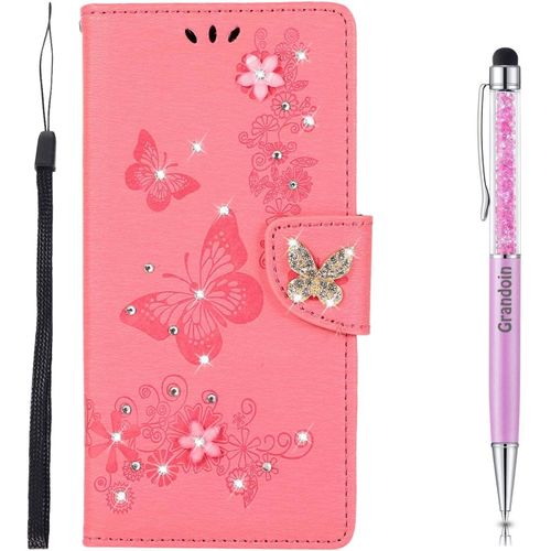 Coque Pour Iphone 13 Pro Max (6,7 Pouces), Brillant Cristal Diamant Flip Cover Papillon ¿¿Tui De Protection Housse En Pu Cuir [Fente De Carte] [Fermeture Magn¿¿Tique] (Rose)