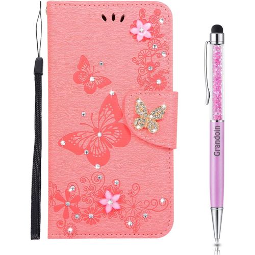 Coque Pour Iphone Se 2020 (4,7 Pouces),Brillant Cristal Diamant Flip Cover ¿¿Tui De Protection Housse En Pu Cuir [Fente De Carte] [Fermeture Magn¿¿Tique] (Rose)