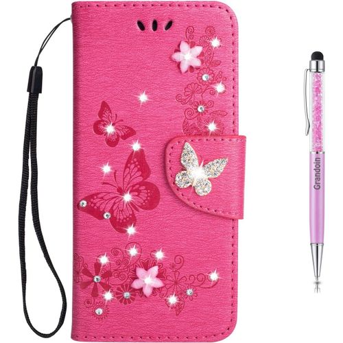 Coque Pour Samsung Galaxy S9 Plus, Brillant Cristal Diamant Flip Cover Papillon ¿¿Tui De Protection Housse En Pu Cuir [Magn¿¿Tique] (Rose, 2)