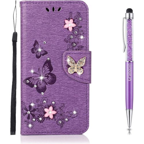 Coque Pour Samsung Galaxy A41, Brillant Cristal Diamant Flip Cover Papillon ¿¿Tui De Protection Housse En Pu Cuir [Fente De Carte] [Fermeture Magn¿¿Tique] (Violet)